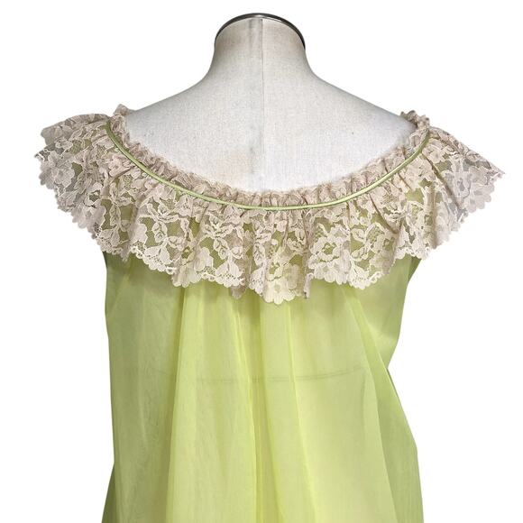 Ro-Vel of California 1960's Lime Baby Doll Sheer Lace Chiffon Nightgown - Picture 10 of 16